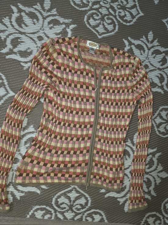 Talbots Sweaters - Talbots Pink & Brown Checker Zip Cardigan - Fitted Knit